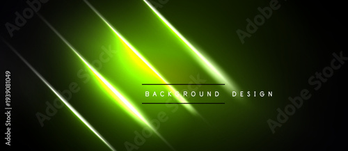 Dark backdrop features vibrant green neon lines. Diagonal streaks create dynamic visual effect. Modern design element.