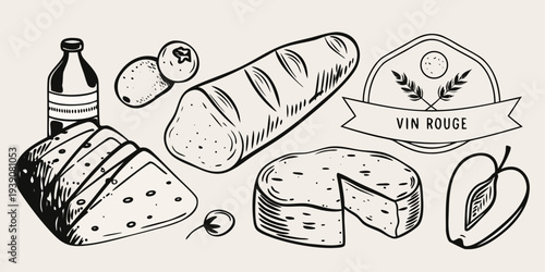 A black and white sketch of french bread cheese wine and fruit