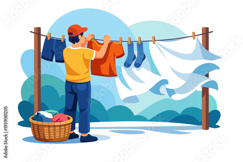Man hanging clothes on a clothesline to dry.