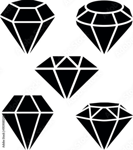 A graphic illustration of five black diamonds with white lines on a plain white background