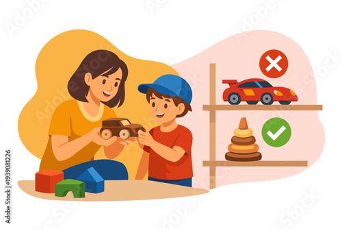 Mother and son playing with toy cars indoors.
