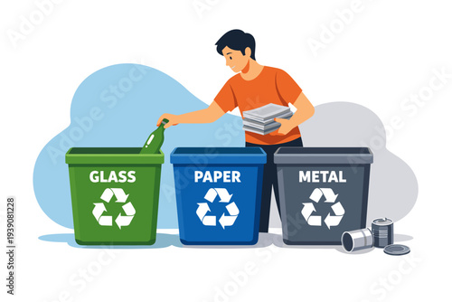 Man sorting recyclables into different bins for glass paper and metal.
