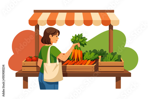 Woman buying fresh carrots at a farmers market stall.
