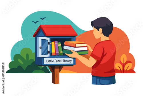 Young man placing books in a little free library box.
