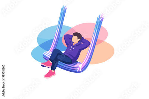 Person relaxing on a modern swing chair outdoors.