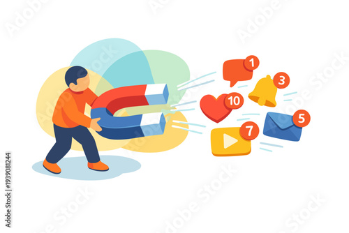 Man Using Large Magnet to Attract Social Media Notifications.