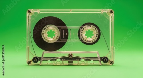 Transparent audio cassette tape on green background