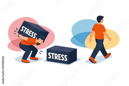 Man struggling to carry heavy stress block while another walks away freely.