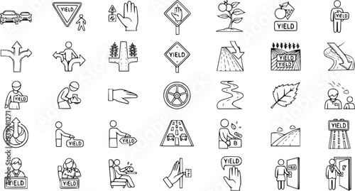 Yield Multiple Meanings Line Icons Set - Traffic, Agriculture, and Conceptual Symbols