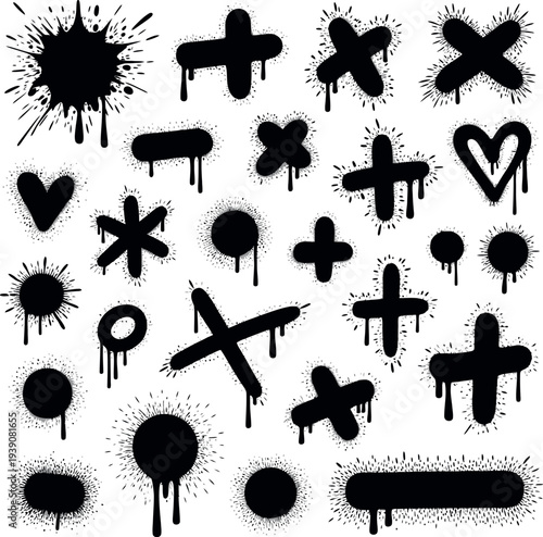 A collection of black graffiti symbols and marks on a white background