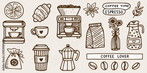 Hand drawn coffee elements beans machines and sweet treats