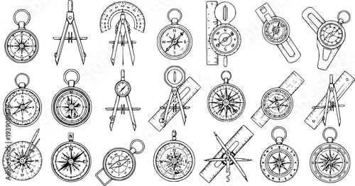 Nautical Instrument Collection: Hand-Drawn Compasses, Dividers  Navigational Tools Sketch