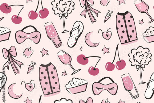 A playful pattern of pink sleepwear treats and relaxation items