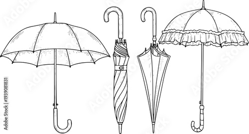 Hand Drawn Collection of Umbrellas Open Closed and Decorative Styles vintage