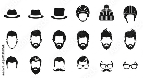 Collection of various hipster style male faces with different hats and facial hair.