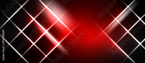 Abstract background features bright lines forming diamond grid over deep red, black gradients. Light emanates from central area.