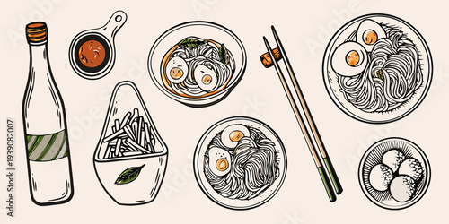 Stylized illustration of japanese ramen eggs and various side dishes