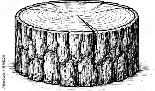 Detailed Ink of a Cut Tree Stump with Visible Rings and Bark Texture White Background