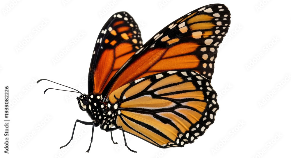 Fototapeta premium Isolated Monarch butterfly is an orange-winged insect, a pollinator that flies during the daytime