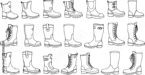Variety of boots hand-drawn line art collection. Detailed black and white vector sketch illustration featuring different types of footwear: fashion, winter, rain, and hiking styles.
