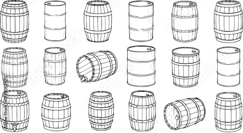 Vintage Wooden Barrels and Industrial Metal Drums Sketch Collection. Hand-drawn set of various casks, kegs, and oil containers in different styles and orientations.