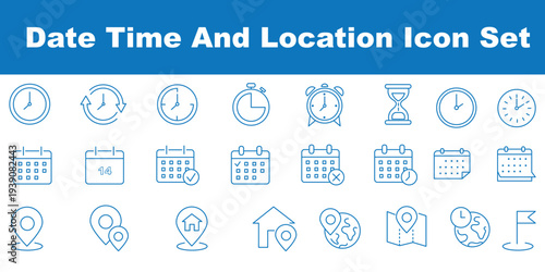 Time, date and address line icons set. calendar, clock, gps point, flag point, globe point Containing hourglass, pin, stopwatch. Editable stroke for mobile and web. Isolated on white background.