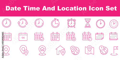 Time, date and address line icons set. calendar, clock, gps point, flag point, globe point Containing hourglass, pin, stopwatch. Editable stroke for mobile and web. Isolated on white background.