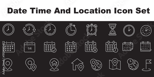 Time, date and address line icons set. calendar, clock, gps point, flag point, globe point Containing hourglass, pin, stopwatch. Editable stroke for mobile and web. Isolated on white background.