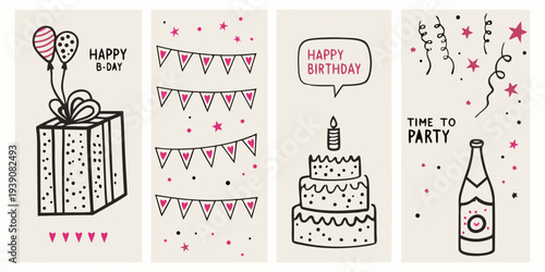 Four colorful birthday card designs with balloons cake and confetti