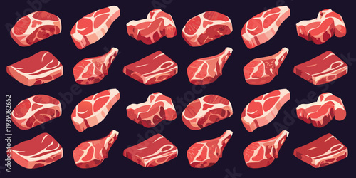 Assorted cuts of raw red meat displayed in a colorful vector illustration