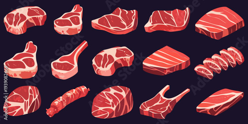 Assorted cuts of raw red meat displayed against a dark background