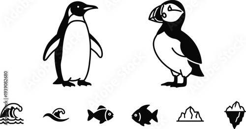 Black and white illustration of puffins and ocean icons