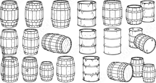 Set of hand-drawn outline illustrations of various barrels and drums. Features traditional wooden wine casks and modern industrial metal oil drums in different arrangements.
