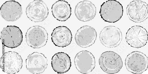 Arrangement of grayscale tree stump cross sections in a grid pattern
