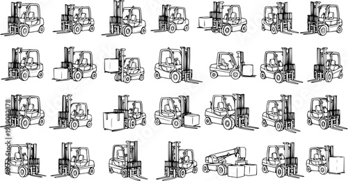Line Art Collection of Forklift Illustrations. Hand-Drawn Black and White Industrial Forklift Sketches in Various Poses, some with cargo boxes, ideal for logistics design.