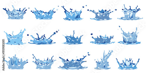 A series of blue water splashes captured in a dynamic sequence