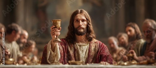 Jesus Christ Holding Cup of Wine, Eucharist, Holy Communion, Last Supper Concept