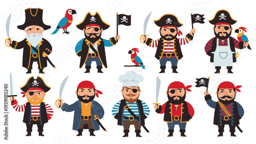 Array of whimsical pirate characters wearing traditional costumes while brandishing swords and accompanied by colorful tropical parrots.