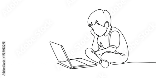 Boy sitting on floor with laptop in one line style child  in white background