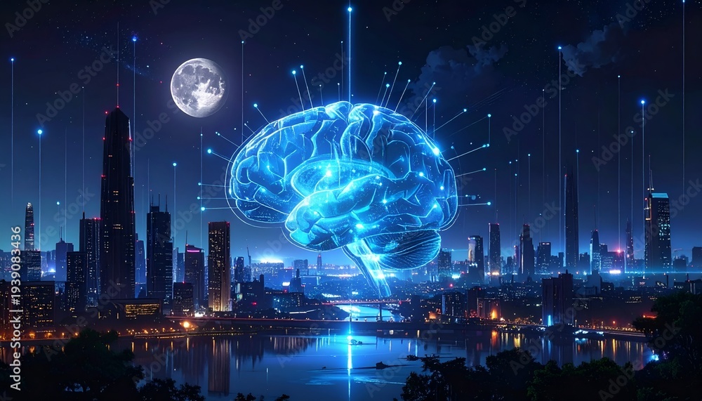 Fototapeta premium Glowing digital brain above a futuristic cityscape at night
