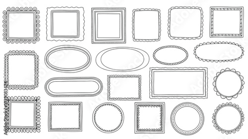Hand drawn collection of empty decorative picture frames in various shapes including square oval and round for creative design projects.