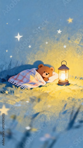 A teddy bear wrapped in a blanket rests beside a glowing lantern under a starry night sky.