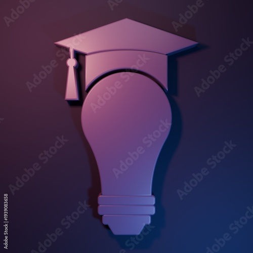 Purple Light bulb and graduation cap icon isolated on purple-blue background. University Education concept. Minimalism concept. 3D render illustration