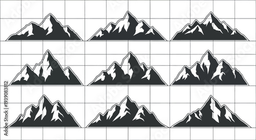 Snowy mountain range landscape stickers on grid paper background