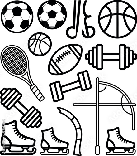 A collection of various sports equipment and icons in black and white