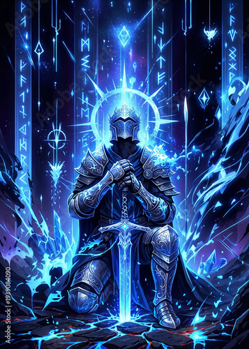 a knight kneeling in prayer with a glowing blue sword and halo in a mystical dark environment with m