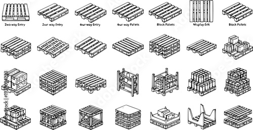 Detailed Isometric Line Art Vector Set of Various Pallet Types, Stacking Methods, and Storage Solutions for Logistics and Warehousing