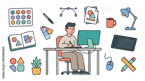 Graphic Designer Working at Desk with Computer and Creative Design Tools Icons