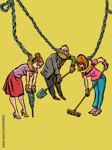 People in chains work. Modern slavery in companies. Problems finding work.