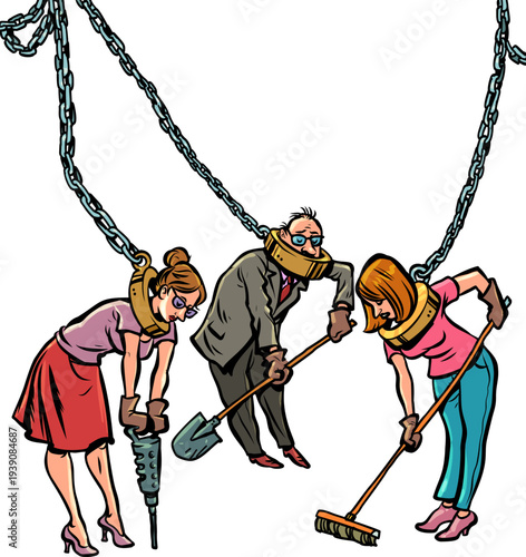 People in chains work. Modern slavery in companies. Problems finding work.